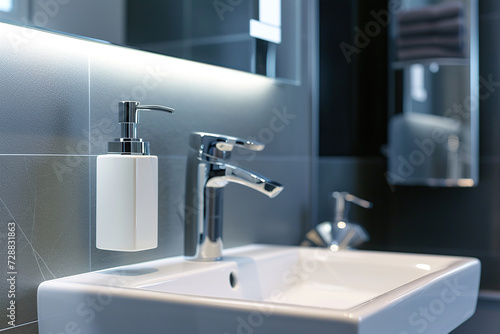Bathroom counter with sink  water faucet and hanging soap dispenser