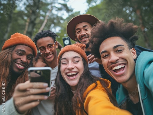Joyful Multiracial Young Adults Taking a Group Selfie Outdoors