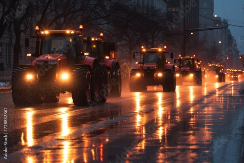 Agricultural Protests in the City: Tractors Block Traffic on Rainy Streets