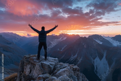 Jubilant Man with Arms Raised Standing on a Mountain Peak at Dusk