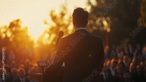Male Politician Delivering a Speech at an Outdoor Public Event with an Attentive Crowd