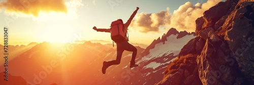 Joyful Male Hiker Celebrating Victory with a Jump at Mountain Summit during Sunset