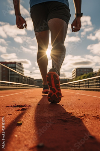 Athlete running on racetrack at stadium. Close up of athlete legs