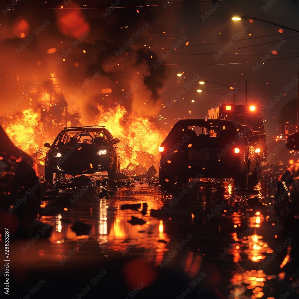 Nighttime Vehicle Fire Disaster Scene with Emergency Response Nighttime Vehicle Fire Disaster Scene with Emergency Response