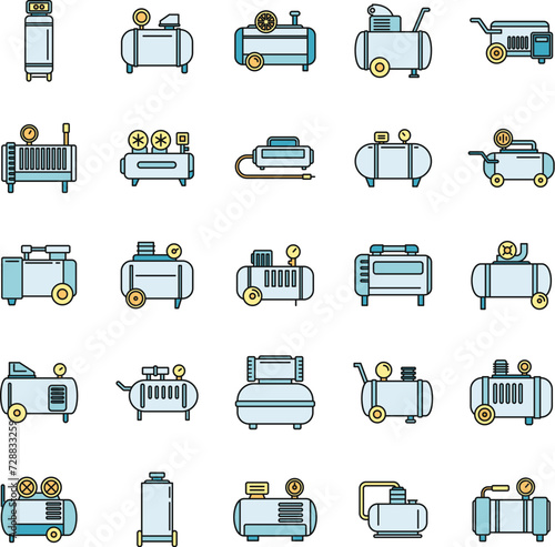 Modern air compressor icons set. Outline set of modern air compressor vector icons thin line color flat on white