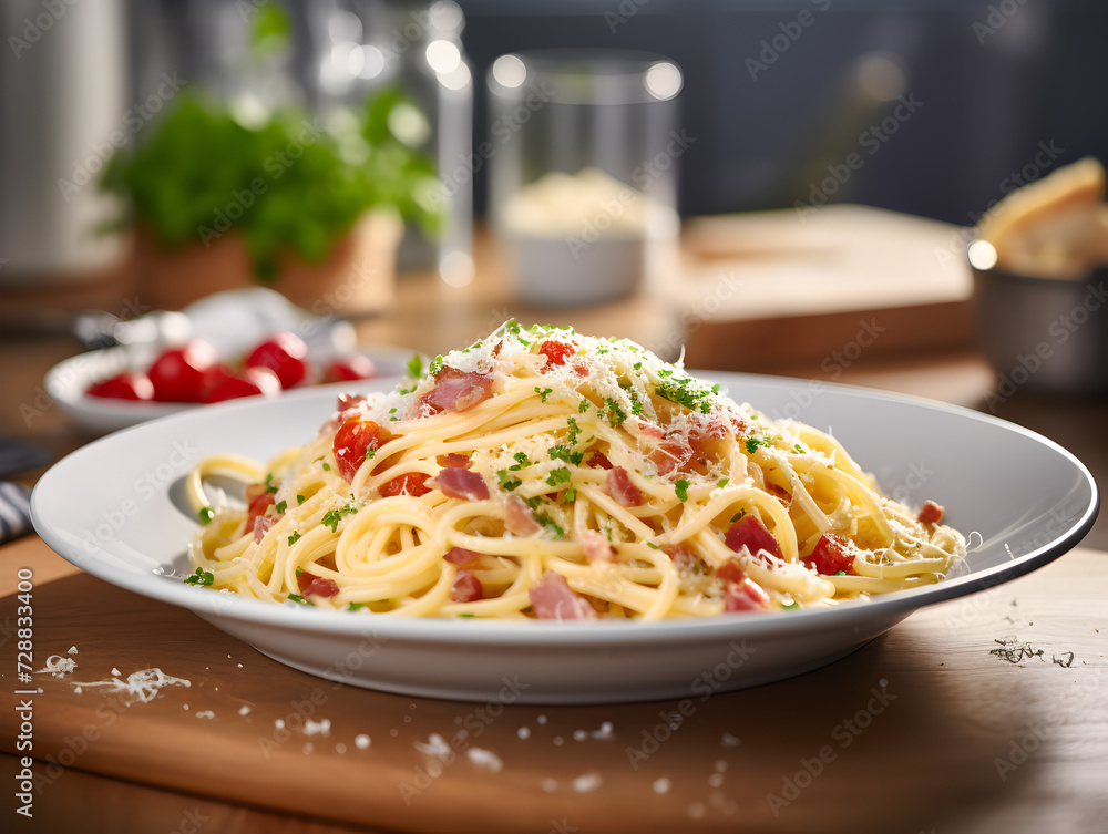 Carbonara spaghetti pasta on white plate with fresh basil on top, blurry background