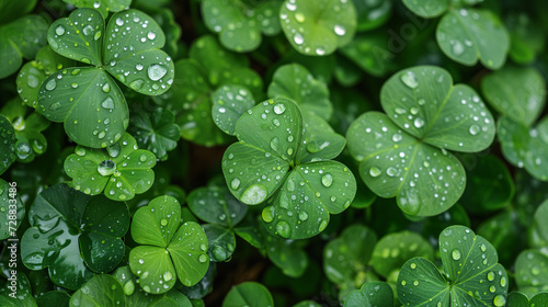 lush field of green clovers, glistening with dew drops. St. Patrick's Day backdrop