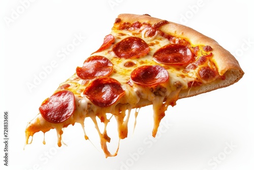Levitating Slice of Pepperoni Pizza with Melting Cheese on a White Background