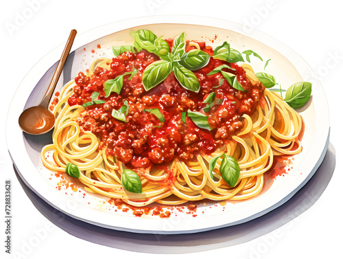 Watercolor illustration of bolognaise spaghetti pasta on white plate 