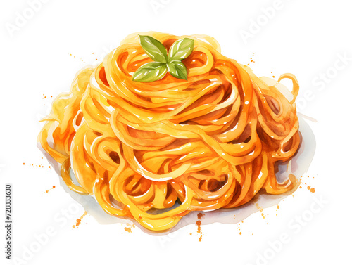 Watercolor illustration of spaghetti pasta on white background 