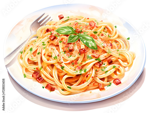 Watercolor illustration of carbonara pasta on white plate 