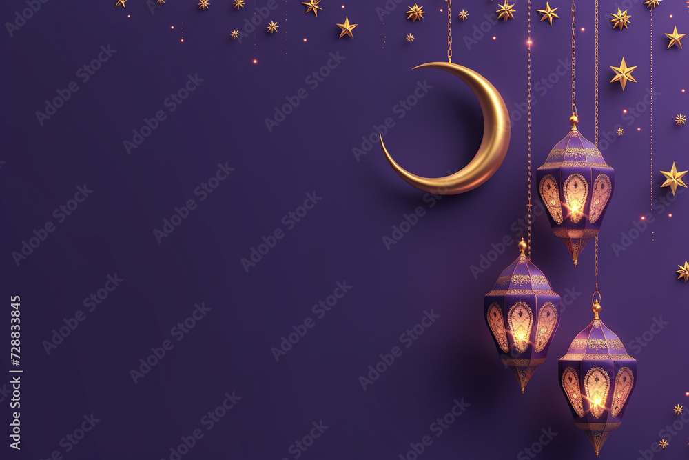 3D Ramadan lantern  Iftar  Eid crescent moon  cannonballs  text space and podium in purple gold style - obrazy, fototapety, plakaty 