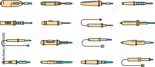 Electric soldering iron icons set. Outline set of electric soldering iron vector icons thin line color flat on white