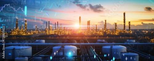 Panoramic View of Industrial Oil and Gas Refinery with Digital Overlays of Oil Demand Price Charts and Data Visualizations
