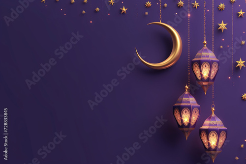3D Ramadan lantern  Iftar  Eid crescent moon  cannonballs  text space and podium in purple gold style photo