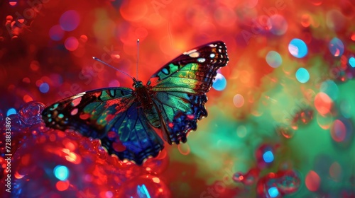  a blue and green butterfly sitting on top of a red and green flower filled with drops of water on a red, green, blue, pink, and green and red background.