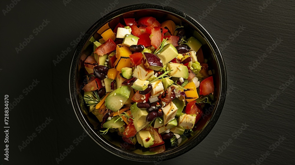 avocado and vegetable salad in bowl, top view avocado and vegetable salad in bowl, top view