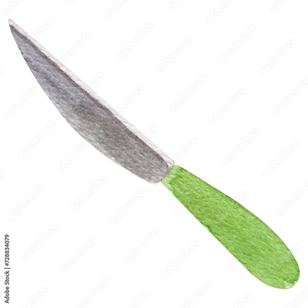 Fototapeta premium Watercolor kitchen illustration, bright knife isolated on white background. For various products, kitchen, cooking, etc.