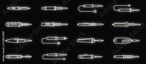 Electric soldering iron icons set. Outline set of electric soldering iron vector icons neon color on black