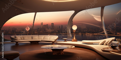 Futuristic Modern living room Design, panoramic view concept design, focus on sleek lines and innovative materials, Futuristic interior design