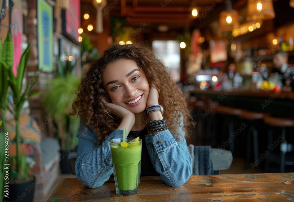 Radiant Young Woman Enjoying a Green Smoothie in a Modern Cafe Setting