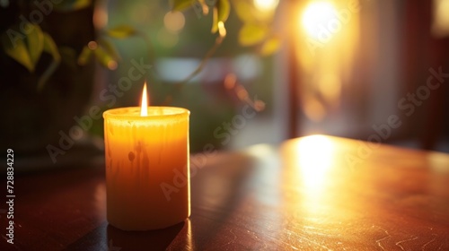  a lit candle sitting on top of a wooden table next to a potted plant on a window sill with the sun shining down on the window behind it.
