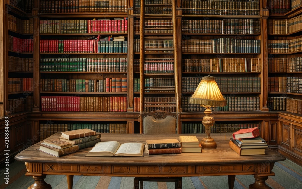 Fototapeta premium Elegant Law Library Interior with Extensive Shelving Full of Legal Books and References