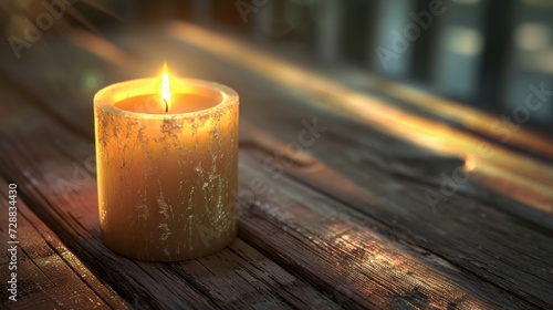  a close up of a lit candle on a wooden table with a blurry background and a blurry light coming from the top of the candle to the bottom of the candle.