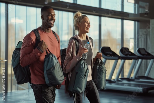 Smiling Athletic Couple Exiting Gym with Sports Equipment