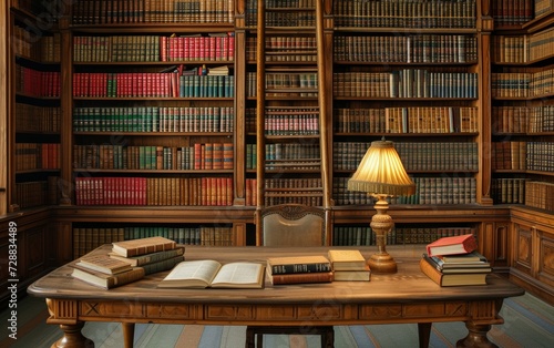 Elegant Law Library Interior with Extensive Shelving Full of Legal Books and References