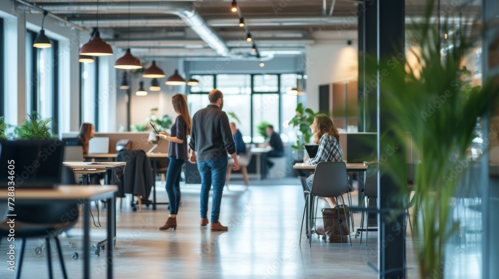 Contemporary Office Space with Blurred Motion of Busy Professionals and Bokeh Lighting Contemporary Office Space with Blurred Motion of Busy Professionals and Bokeh Lighting