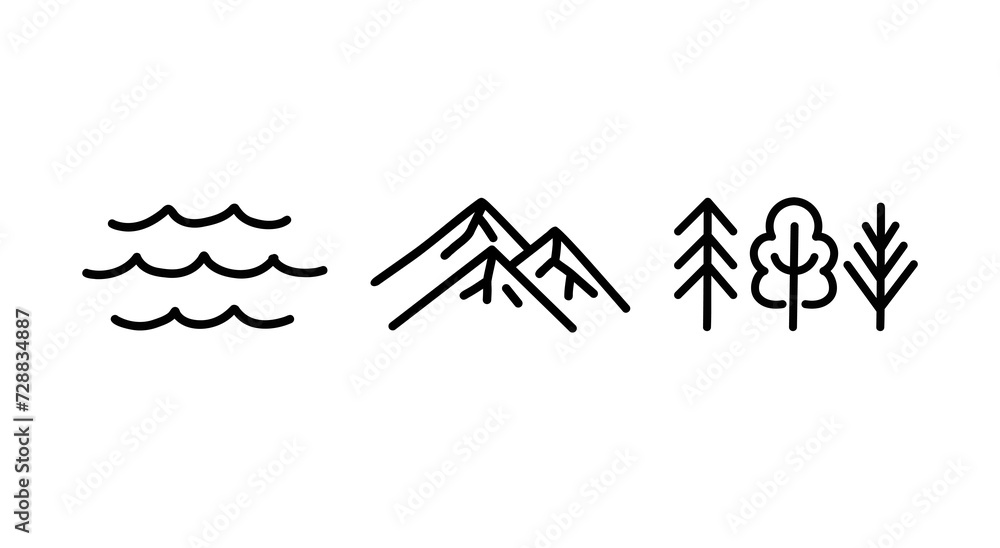 Hand drawn temperate latitudes nature icons. Vector black line illustrations isolated on white background. Hand drawn temperate latitudes nature icons. Vector black line illustrations isolated on white background.