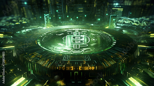 Futuristic representation of the blockchain revolution A digital green Bitcoin logo embedded in a matrix backdrop symbolizing the crypto eras emergence and its financial implications