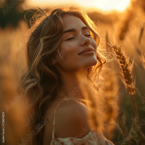 Serene Woman Embracing the Golden Hour in a Tranquil Field