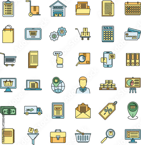 Purchasing manager sell icons set. Outline set of purchasing manager sell vector icons thin line color flat on white