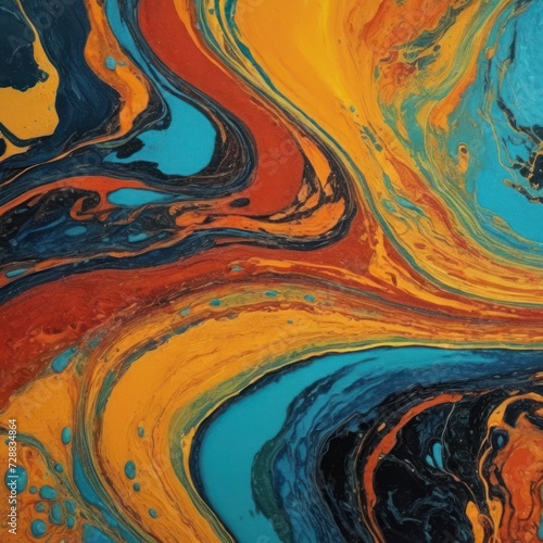 a colorful abstract painting is in black blue yellow and orange