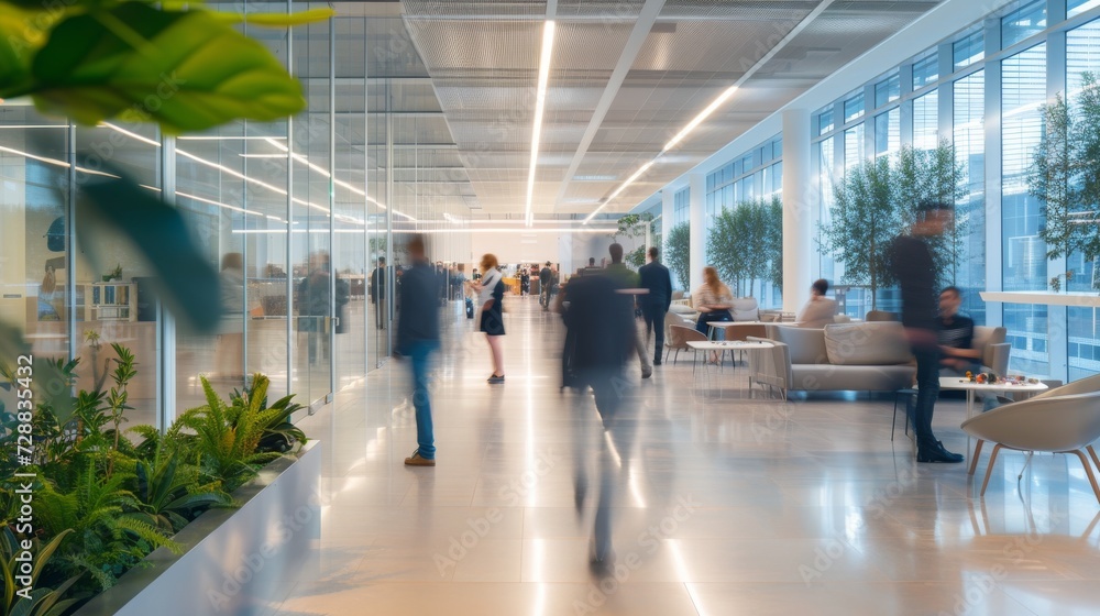 Dynamic Office Environment with Blurred Motion of Walking People in a Bright Modern Workspace