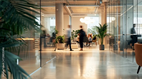 Dynamic Office Environment with Blurred Motion of Walking People in a Bright Modern Workspace