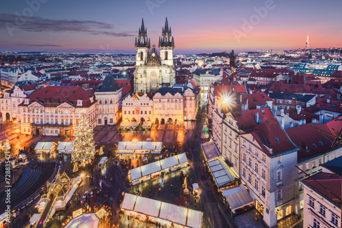 Top view of Prague Old Town Square and Church of Mother of God before Tyn in Prague, Czech Republic.  © EyesTravelling