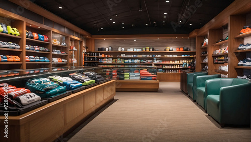 Sporting goods store with wooden display cases and shelves, showcasing diverse products. Leather chairs create a cozy ambiance. Explore a vast array of athletic gear and equipment in a stylish setting photo