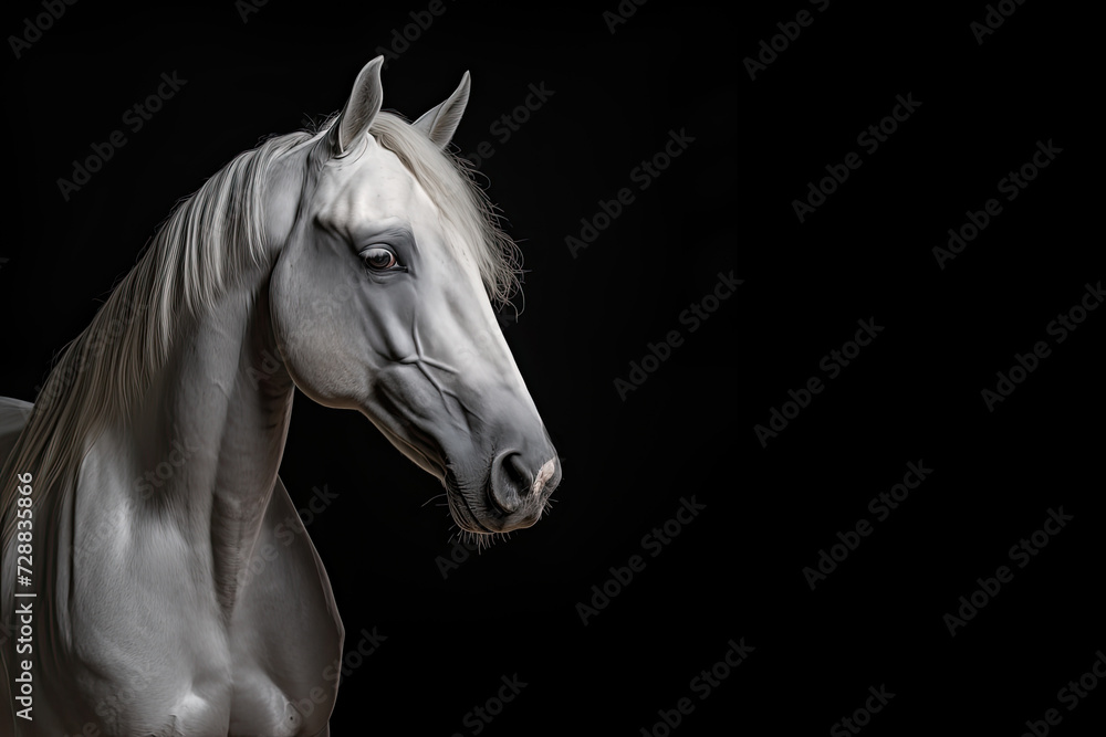 Gray white horse on a black background, studio portrait Gray white horse on a black background, studio portrait