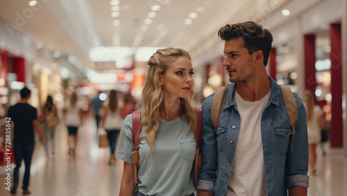 A loving couple in a shopping center: choosing, trying on, sharing joy together. Each store creates its own memories, filling the time together with special meaning. A couple of purchases