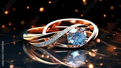 A radiant glowing engagement ring with a large central diamond on a shining reflective surface with a sparkling dark background