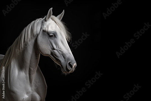  Gray white horse on a black background  studio portrait