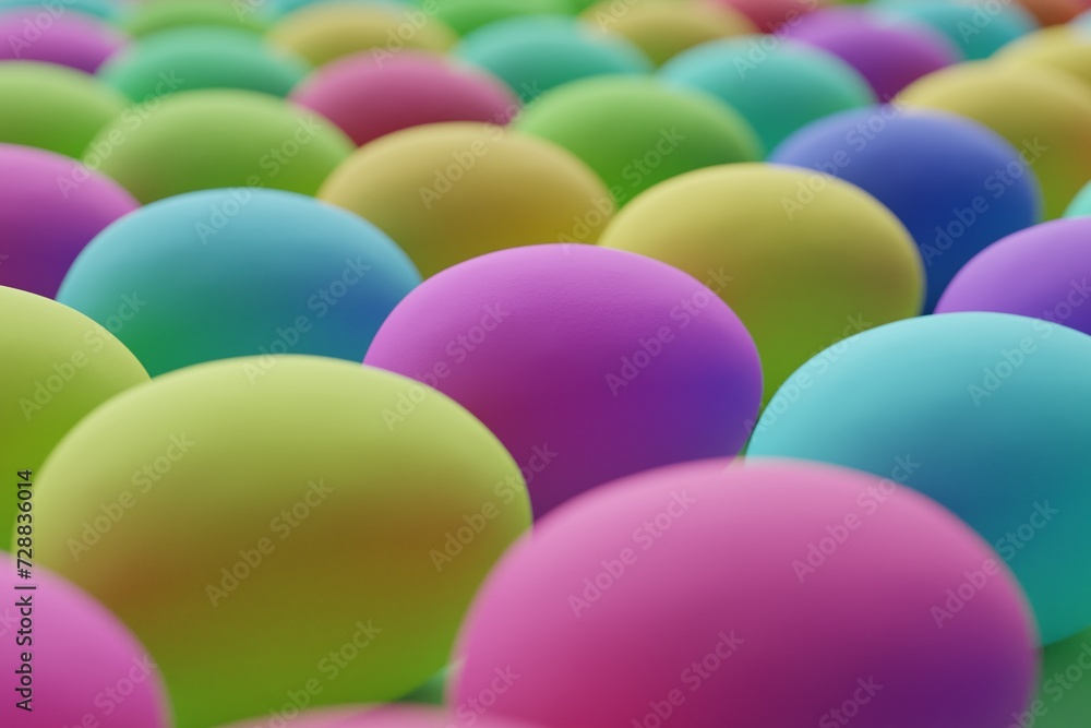 Many colorful eggs on light green background. Closeup view, macro shot, selective focusclose up shot. 3d render, illustration Many colorful eggs on light green background. Closeup view, macro shot, selective focusclose up shot. 3d render, illustration