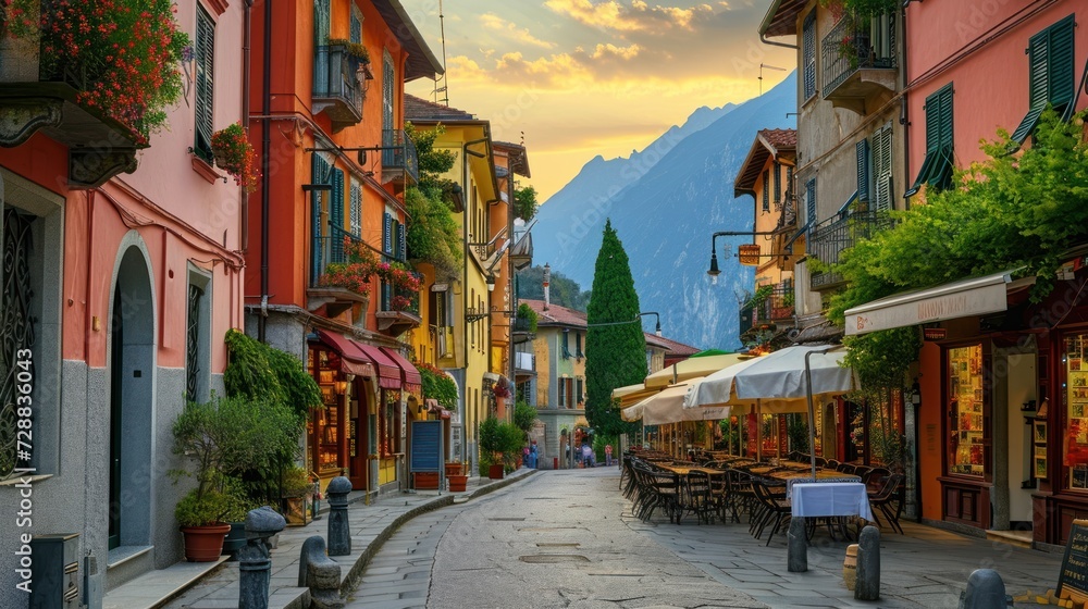  a cobblestone street with tables and umbrellas on either side of it and a mountain range in the distance with a few buildings on either side of the street.