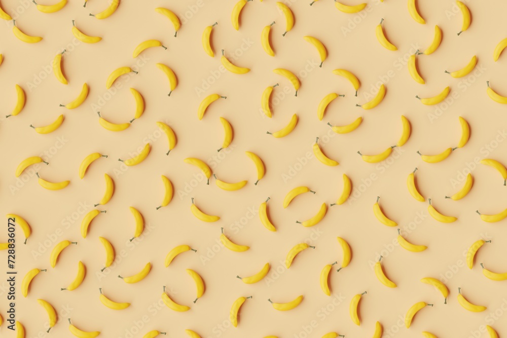 Many bananas on sandy brown background. Top flat view, symmetrical grid. 3d render, illustration Many bananas on sandy brown background. Top flat view, symmetrical grid. 3d render, illustration