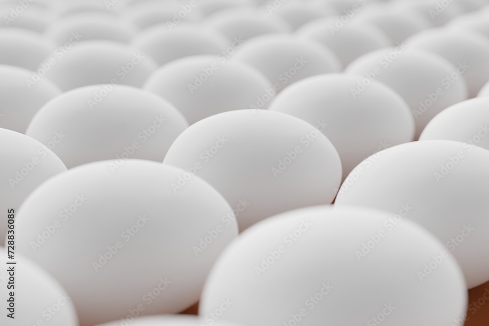 Many white eggs on saddle brown background. Closeup view, macro shot, selective focusclose up shot. 3d render, illustration Many white eggs on saddle brown background. Closeup view, macro shot, selective focusclose up shot. 3d render, illustration