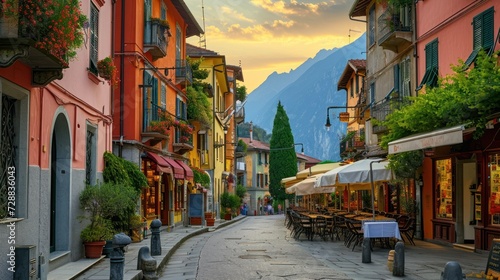  a cobblestone street with tables and umbrellas on either side of it and a mountain range in the distance with a few buildings on either side of the street.