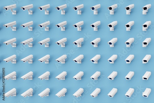 Many cctv on steel blue background. Top flat view  cameras looking left. 3d render  illustration